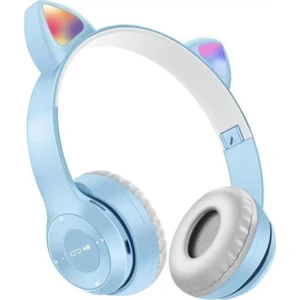 P47M Bluetooth 5.0 LED Işıklı Kedi Tasarımlı Katlanabilir Kulak Üstü Kulaklık Mavi