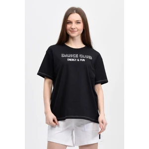 defy's Kadın Baskılı Kısa Kollu Bisiklet Yaka Oversıze Oversıze Tişört Siyah