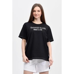 defy's Kadın Baskılı Kısa Kollu Bisiklet Yaka Oversıze Oversıze Tişört Siyah