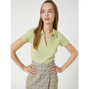 Polo Yaka Tişört Crop Kısa Kollu Dokulu Pamuklu