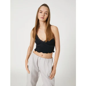 Crop Atlet Askılı V Yaka Dantelli Fitilli