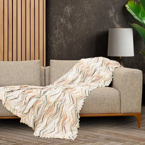 Softmicro Zikzak Desenli 130X180 cm Koltuk Örtüsü Şalı, Kanepe Örtüsü, Tv Battaniyesi Krem