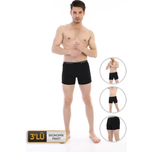 Çift Kaplan Erkek Elastanlı Biyeli Siyah Boxer Şort 0880 3'lü Ekonomik Paket