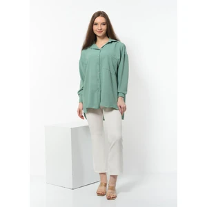 Kadın Aerobin Kumaş Düğmeli Oversize Gömlek Açık Yeşil