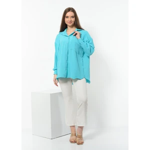 Kadın Aerobin Kumaş Düğmeli Oversize Gömlek Turkuaz