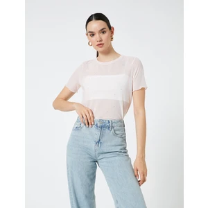 Transparan Tişört Taş Detaylı Kısa Kollu