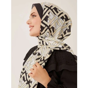 F Desen Krep Şal Kremsi Siyah