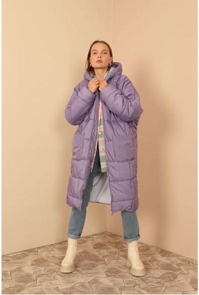 Aradım Taradım Kapitone Kumaş Uzun Kol  Oversize/salaş Kadın Mont-Lila