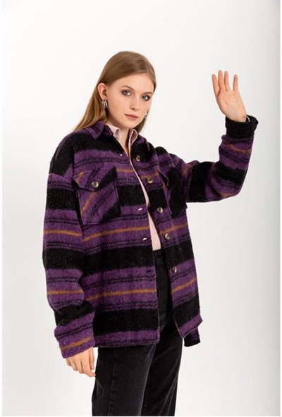 Aradım Taradım Kaşe Kumaş Uzun Kollu Tam Kalıp Kadın Kaban-Mor