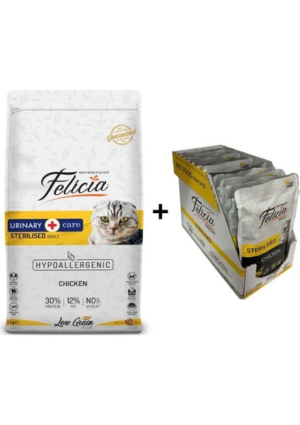 Tavuklu Kısırlaştırılmış Yetişkin Kedi Maması 2 kg + 12 Adet Felicia Tavuklu Kısır Yaş Mama 85 gr