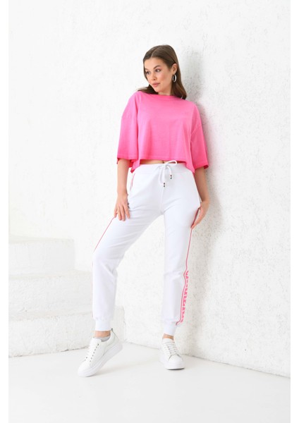 Cortına Parça Boyalı, Organik Pamuk, Pembe Crop T-Shırt