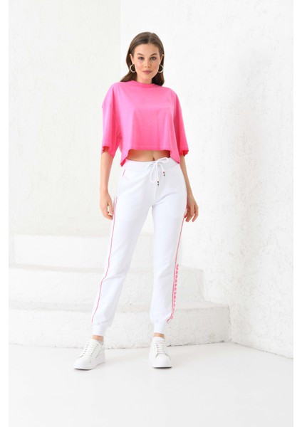 Cortına Parça Boyalı, Organik Pamuk, Pembe Crop T-Shırt