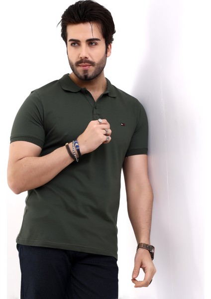 Erkek Pamuk &Likralı Polo Yaka Kısa Kollu Triko Bantlı Tişört