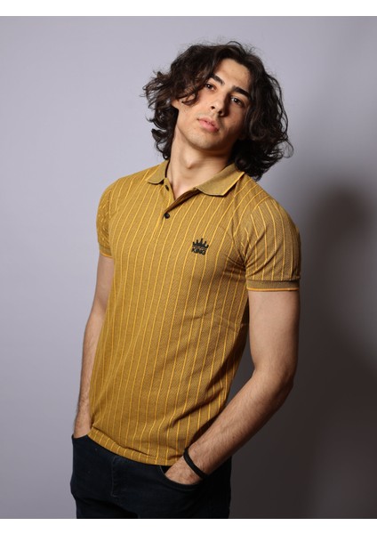 Sarı Renk Cizgili Hafif Likralı Polo Yaka Tshirt