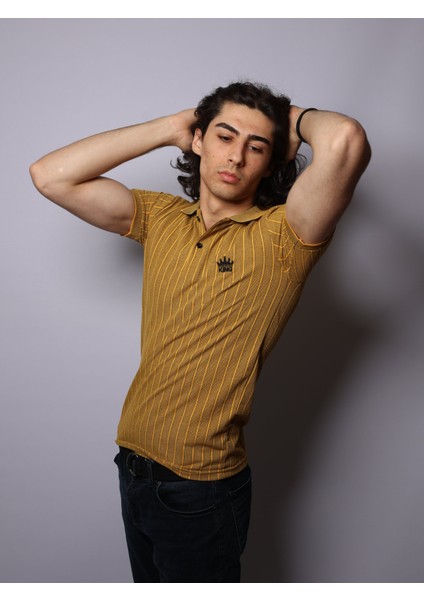 Sarı Renk Cizgili Hafif Likralı Polo Yaka Tshirt fiyatları