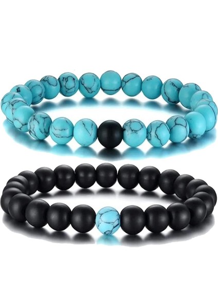 Mat Oniks & Turkuaz Doğal Taş Ikili Kombin Erkek Bileklik