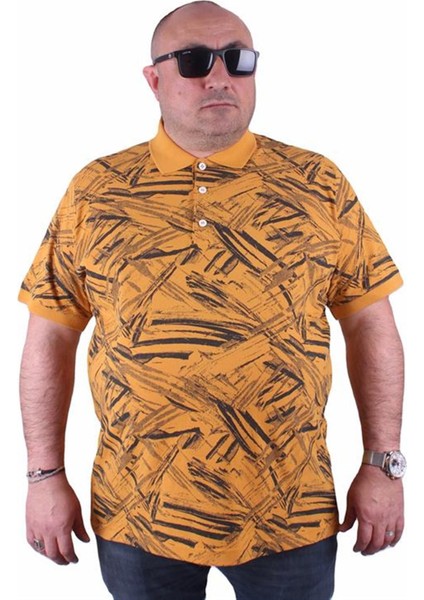 Büyük Beden Polo Yaka Tişört Geometri Desen 23411 Hardal