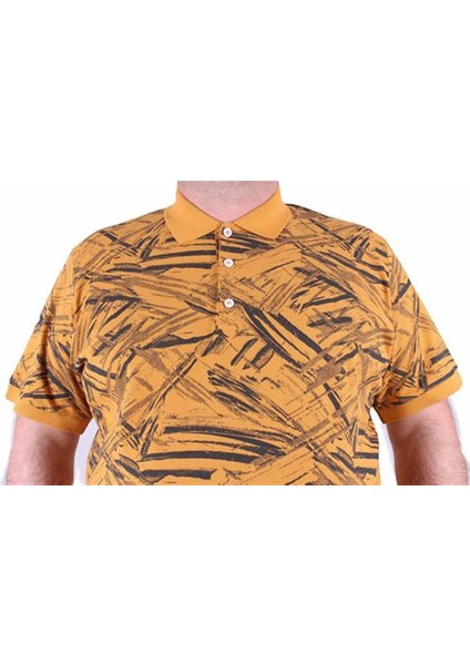 Büyük Beden Polo Yaka Tişört Geometri Desen 23411 Hardal modelleri