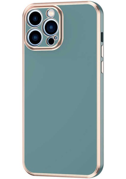 Apple iPhone 13 Pro Max Kılıf Parlak Kenarlı Altın Işlemeli Kamera Korumalı Kapak (Bark)