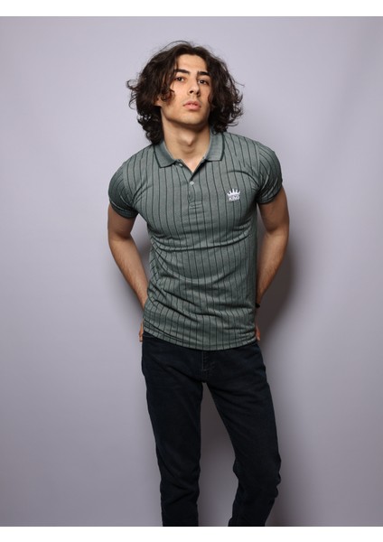 Koyu Yeşil Renk Cizgili Hafif Likralı Polo Yaka T-Shirt modelleri
