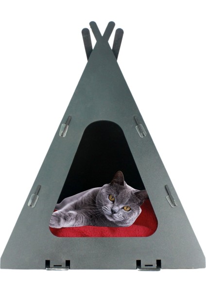 Büyük Kedi Evi Dekoratif Ahşap Dayanıklı Siyah Renk 40X40 cm Kedi Yatağı Çadır Model