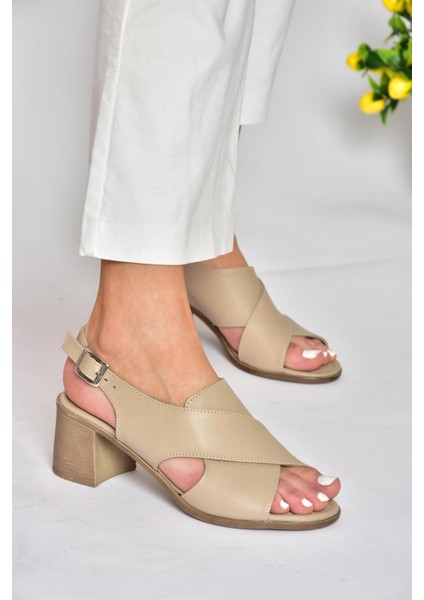 P555450503 Vizon Deri Kalın Topuklu Kadın Ayakkabı