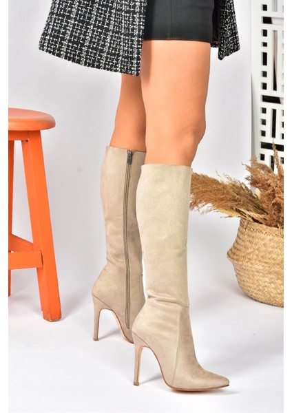 Bej Süet İnce Topuklu Sivri Burun Kadın Çizme N372530102