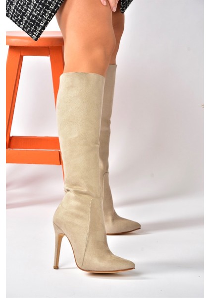 Bej Süet İnce Topuklu Sivri Burun Kadın Çizme N372530102 modelleri