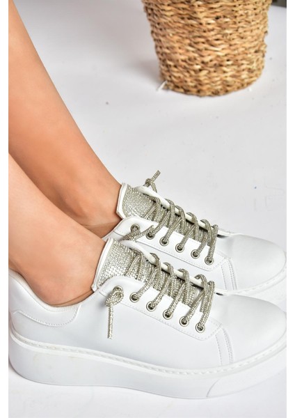 P602001709 Beyaz Taşlı Bağcıklı Kadın Spor Ayakkabı Sneakers