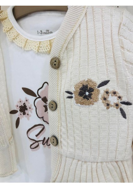 3'lü Kaşkorse Çiçek Işleme Desenli Bebek Kaşkorse Hırka Pantolon Çıtçıtlı Zıbın Takım modelleri