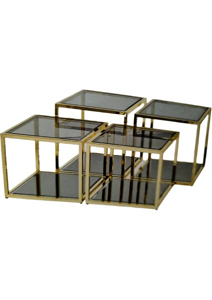 Zigon Orta Sehpa Ogem Kare Takım Metal Gold Kaplama Temper Kırılmaz Cam Füme Itinalı Paket Karge El Yapımı