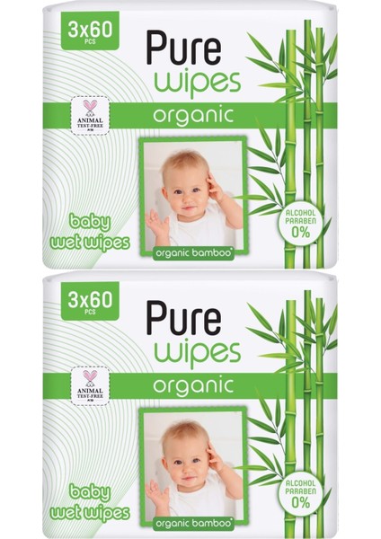 Wipes Islak Havlu Mendil 60 Yaprak Organic Bambu (6'lı Set) 360 Yaprak (2 Paket x 3)