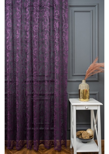 Taç Şal Desen Kullanıma Hazır 1/2 Seyrek Pile Tül Perde Tek Kanat - Mor 100 x 260 cm