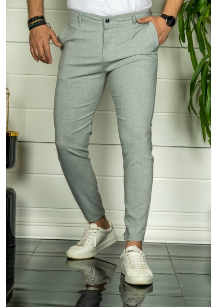 Erkek Gri Slim Fit Kumaş Pantolon