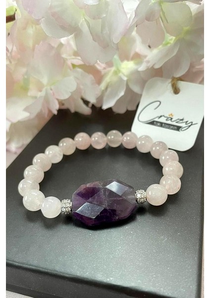 Hakiki Pembe Kuvars & Ametist Doğaltaş Kadın Bileklik