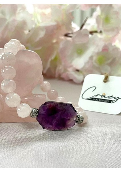 Hakiki Pembe Kuvars & Ametist Doğaltaş Kadın Bileklik fiyatları