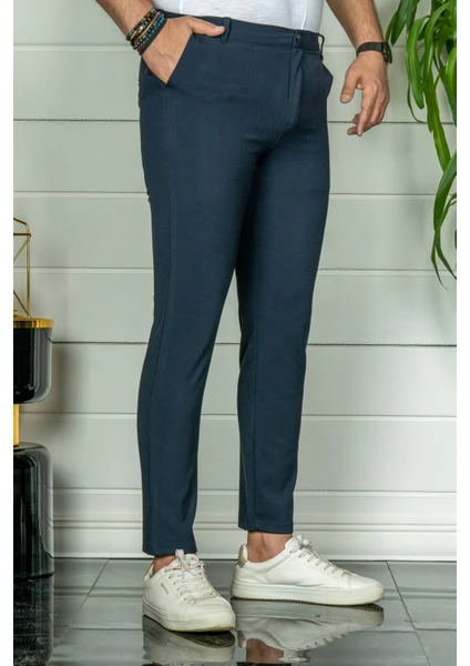 Erkek Lacivert Slim Fit Kumaş Pantolon