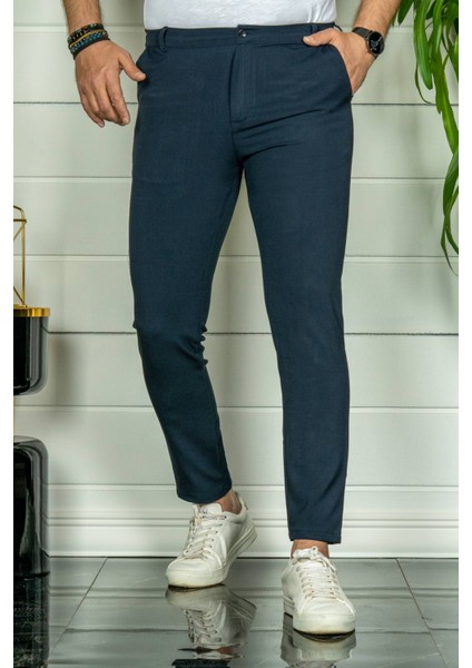 Erkek Lacivert Slim Fit Kumaş Pantolon