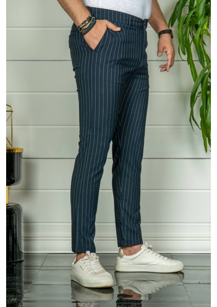 Erkek Lacivert Slim Fit Çizgili Kumaş Pantolon