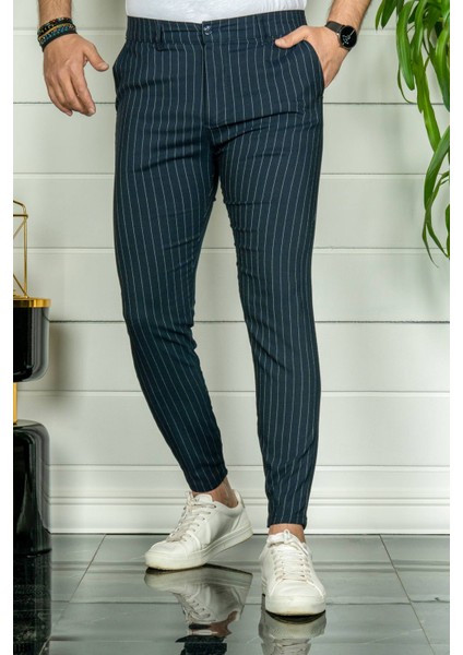 Erkek Lacivert Slim Fit Çizgili Kumaş Pantolon fiyatları