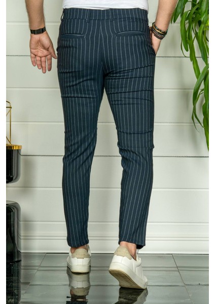 Erkek Lacivert Slim Fit Çizgili Kumaş Pantolon modelleri
