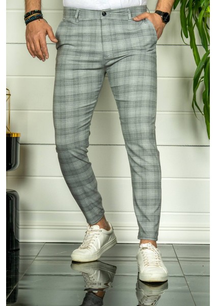 Erkek Gri Slim Fit Ekoseli Kumaş Pantolon fiyatları
