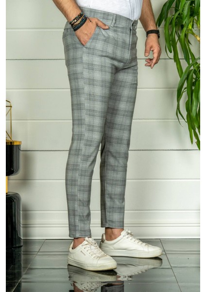 Erkek Gri Slim Fit Ekoseli Kumaş Pantolon modelleri