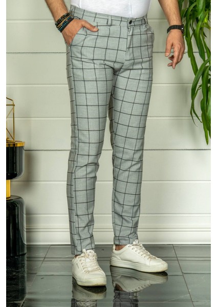 Erkek Gri Slim Fit Ekoseli Kumaş Pantolon