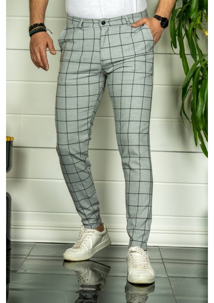 Erkek Gri Slim Fit Ekoseli Kumaş Pantolon fiyatları