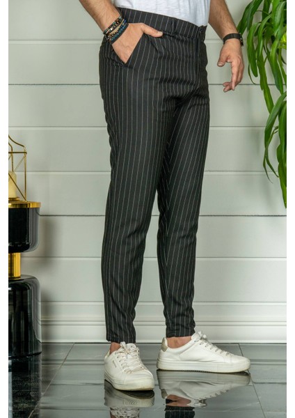 Erkek Siyah Slim Fit Çizgili Kumaş Pantolon