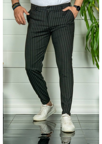 Erkek Siyah Slim Fit Çizgili Kumaş Pantolon fiyatları