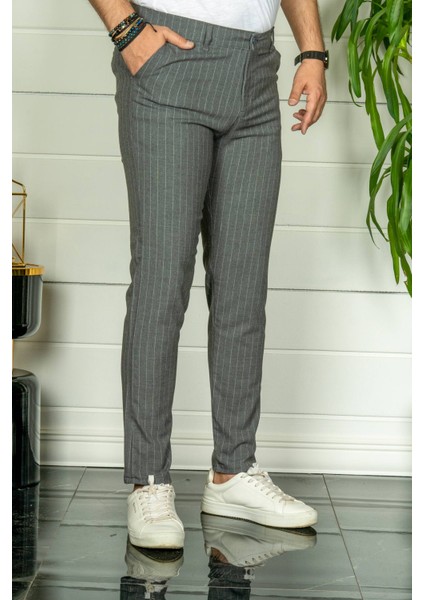 Erkek Füme Slim Fit Çizgili Kumaş Pantolon