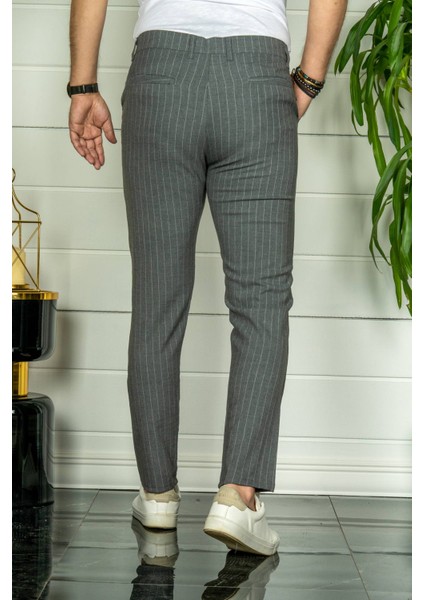Erkek Füme Slim Fit Çizgili Kumaş Pantolon modelleri