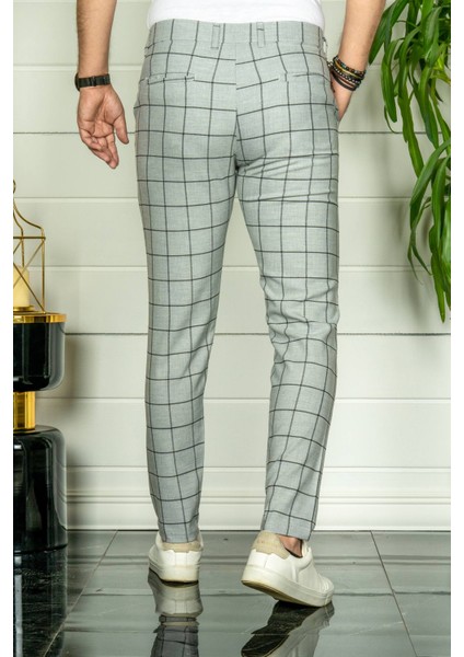 Erkek Gri Slim Fit Ekoseli Kumaş Pantolon modelleri